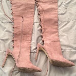 Lace up Pink Over the Knee Stiletto Boots